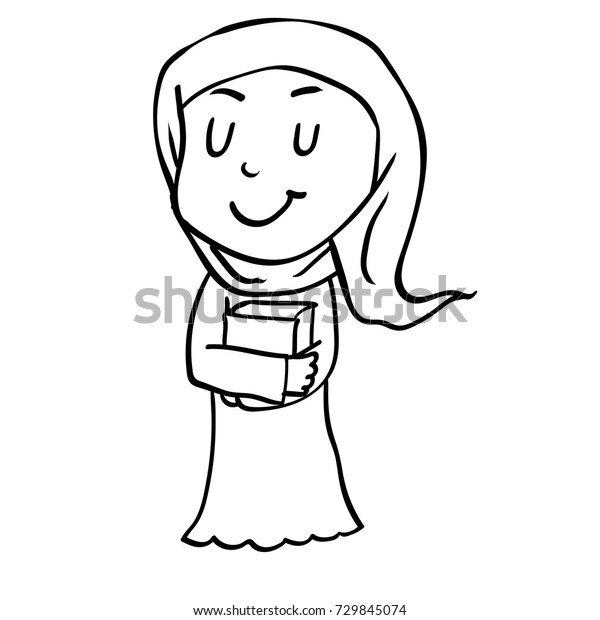 Hand Drawing Cartoon Muslim Girl Holding Stock Vector Royalty