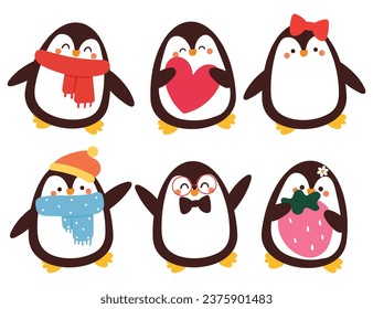 hand drawing cartoon penguin sticker set. cute animal sticker for kids, cute animal icon