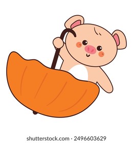 hand drawing cartoon pig playing with umbrella. cute animal drawing, doodle