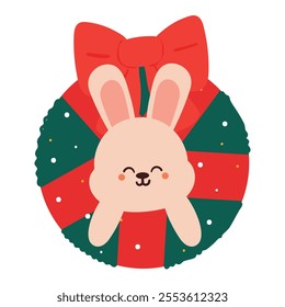 hand drawing cartoon pink bunny inside christmas wreath. cute animal drawing, doodle for christmas sticker, icon