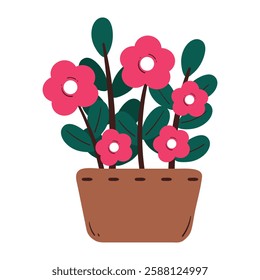 hand drawing cartoon pink flower inside pot. cute flower and leaves drawing, doodle for sticker or icon