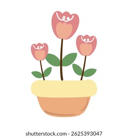 Hand drawing cartoon pink tulip flower pot and leaves. cute plant doodle
