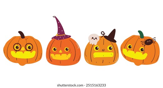 desenho à mão abóbora de desenho animado para conjunto de adesivos de halloween.