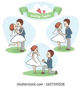 Hand drawing cartoon set of couple in love, wedding illustration, Vector color couple.
