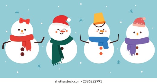 hand drawing cartoon snowman sticker set. cute drawing winter element for sticker, icon