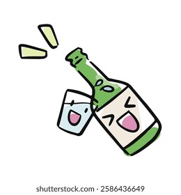 Hand drawing cartoon of Soju and its glass cheering. It is a famous clear, colorless distilled beverage of Korean origin