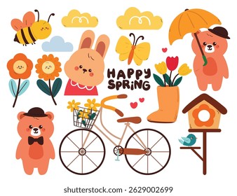 hand drawing cartoon spring sticker set with bunny, bear and spring stuff. cute sticker for spring season, doodle set