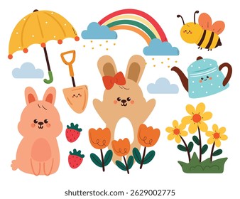 handgezeichnete Cartoon Frühlingsaufkleber Set mit Cartoon Hase und Pflanzen Zeug. süßer Aufkleber für die Frühlingszeit, Doodle-Set