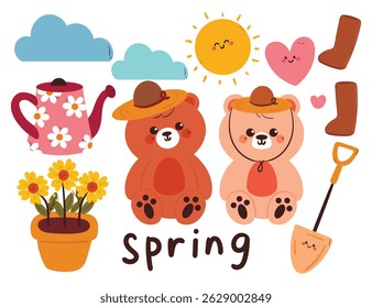 Dibujo a mano de la historieta de la primavera de la etiqueta engomada fijada con los osos de la historieta y el sistema de la planta