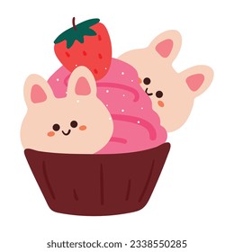 hand drawing cartoon strawberry cupcake with cute bunny