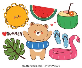 hand drawing cartoon summer sticker set. cute sticker for summer season, doodle set