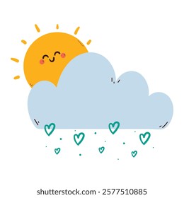 hand drawing cartoon sun and cloud with heart shower. cute sky element sticker, doodle