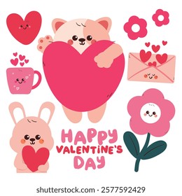 hand drawing cartoon valentine sticker set. cute valentine vibes sticker, doodle set