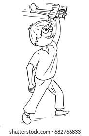 Hand drawing cartoon vector of boy playing with airplane aircraft toy model.