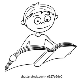 Hand drawing cartoon vector illustration of boy reading a book.