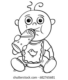 Hand drawing cartoon vector illustration of baby drinking from feeding or nursing or sucking bottle.