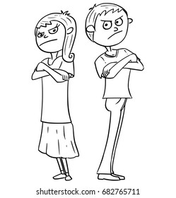 Hand Drawing Cartoon Vector Illustration Of Angry Annoyed Boy And Girl Or Young Man And Woman.