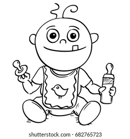 Hand  drawing cartoon vector illustration of happy smiling baby with dummy or pacifier or comforter and feeding or nursing or sucking bottle.