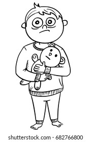 Hand drawing cartoon vector illustration of small scared boy in pajamas or nightclothes holding a teddy bear.
