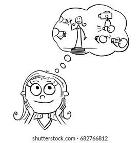 Hand  drawing cartoon vector illustration of girl dreaming about live of movie, music or pop star show business celebrity.