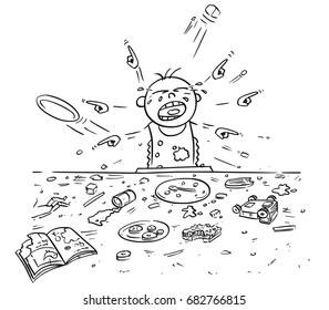 Hand drawing cartoon vector illustration of spoiled crying baby doing mess around during eating, pointing and demanding things all around.