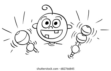 Hand drawing cartoon vector illustration of happy smiling baby making noise with two rattles.