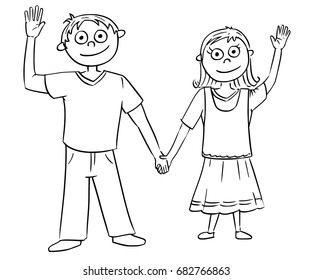 Hand drawing cartoon vector illustration of boy and girl or young man and woman holding each other's hands and waving.