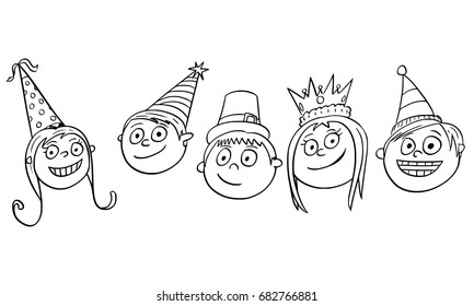Hand  drawing cartoon vector illustration of five smiling kids or children wearing party huts.