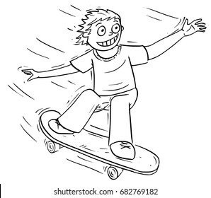 Hand drawing cartoon vector illustration of a boy riding a skateboard.