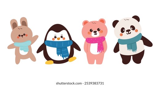hand drawing cartoon winter animal sticker set. cute animal with scarf and sweater drawing, doodle set
