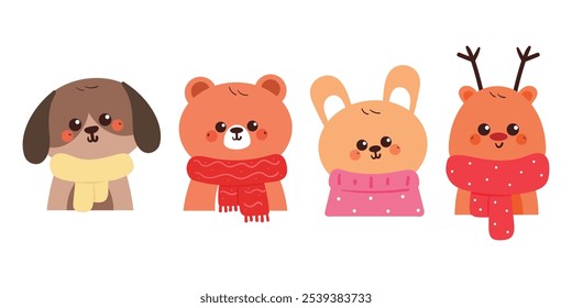 hand drawing cartoon winter animal sticker set. cute animal with scarf and sweater drawing, doodle set