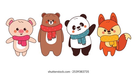 hand drawing cartoon winter animal sticker set. cute animal with scarf and sweater drawing, doodle set