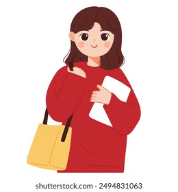 hand drawing cartoon woman with red sweater and yellow bag, holding a book. cute woman drawing sticker