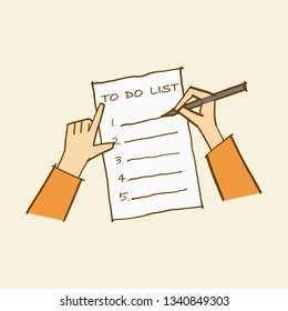 Hand drawing cartoon write a to-do list on a white paper 