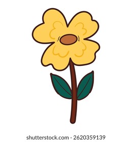 hand drawing cartoon yellow flower and green leaves. cute flower and leaves drawing, doodle for sticker or icon