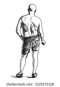 Hand drawing of casual bald man in shorts standidng alone on beach on summser day