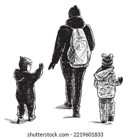 Hand drawing of casual city woman with two little children walking outdoors