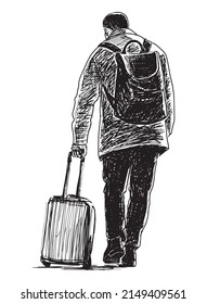 Hand drawing of casual man with suitcase going on vacation
