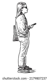 Hand drawing of casual modern teen girl with smartphone standing outdoors 