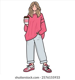 Hand Drawing of Casual Teenage Girl with Trendy and Relaxed Style