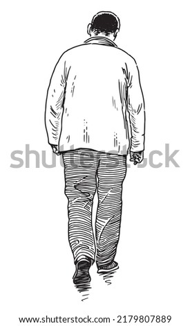 Hand drawing of casual towns man walking outdoors alone