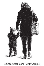 Hand drawing of casual towns woman with little son walking outdoors