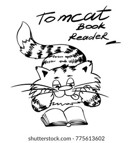 Hand drawing cat with book. Line art for coloring book. Outline funny kitty cat  for kids design.r