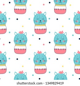 Hand drawing cat and cactus pattern vector.