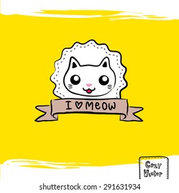 Hand drawing cat face with banner logo vector.