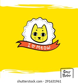 Hand drawing cat face with banner logo vector.