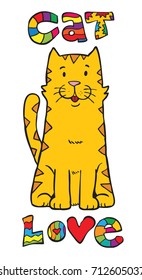 Hand drawing cat with "cat love" text. Cat and text are layered separately.