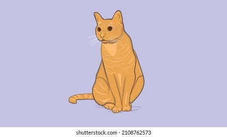 Hand drawing cat, in sits view, in orange color, isolated