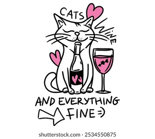 Hand drawing cat with wine. Simple lines, flat design.