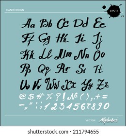 Hand drawing chalk alphabet with numbers on blue background.